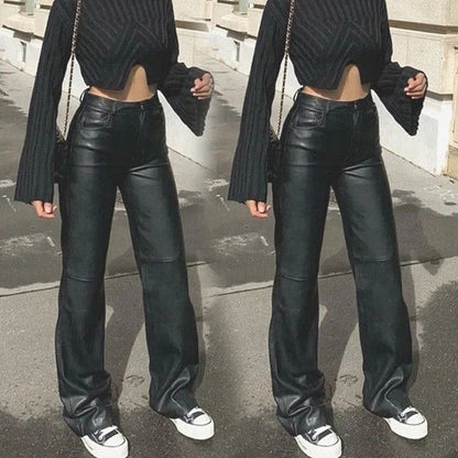 Damen Hose Kunstleder Weitbein Elegant Schwarz