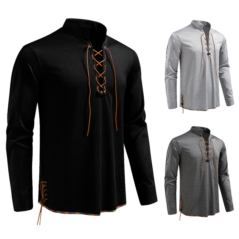 Herren Langarmshirt Stehkragen Modern mit Kordelzug