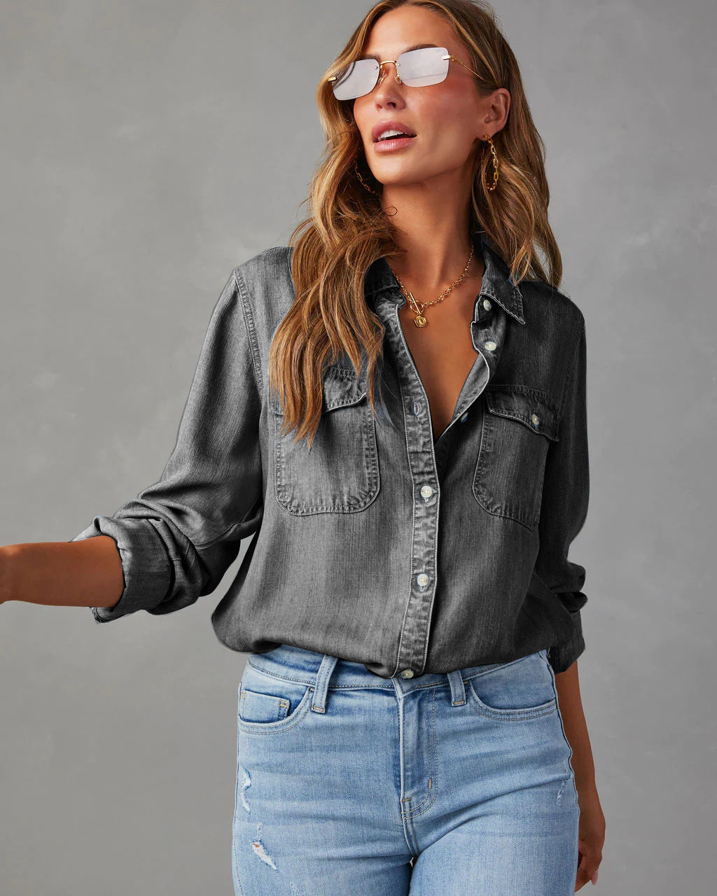 Damen Jeanshemd Lässig Mit Brusttasche