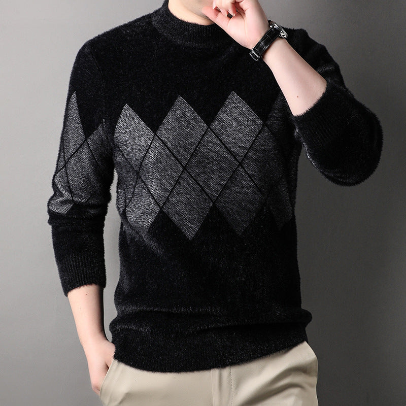 Herren Rollkragenpullover Modern Rautenmuster Elegent Schwarz