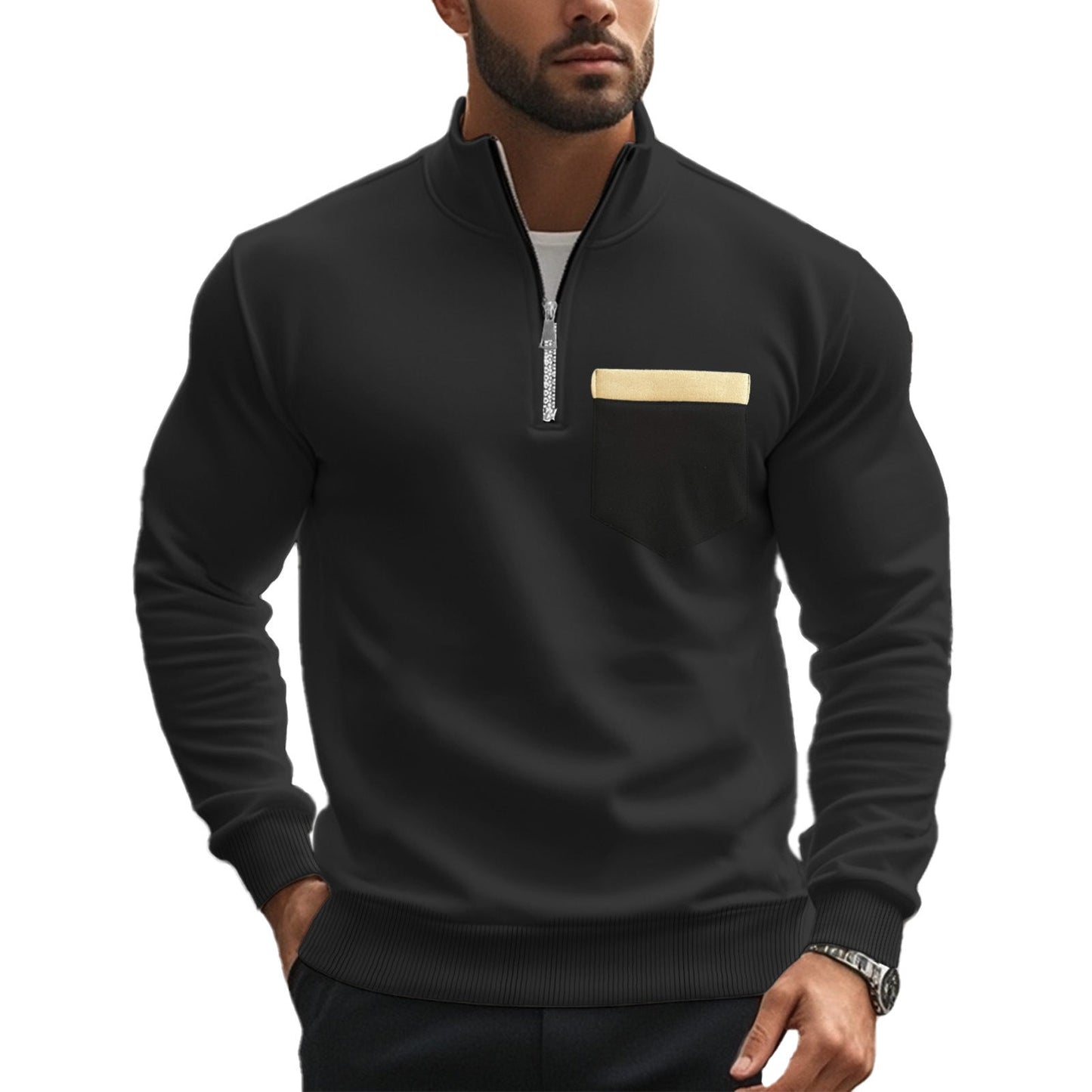 Herren Pullover Sportlich Reißverschluss Brusttasche