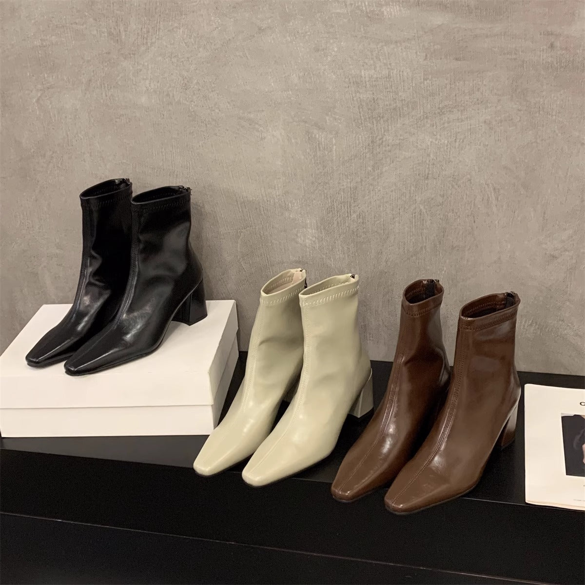 Damen Stiefeletten Spitze Elegant Blockabsatz Schuhe