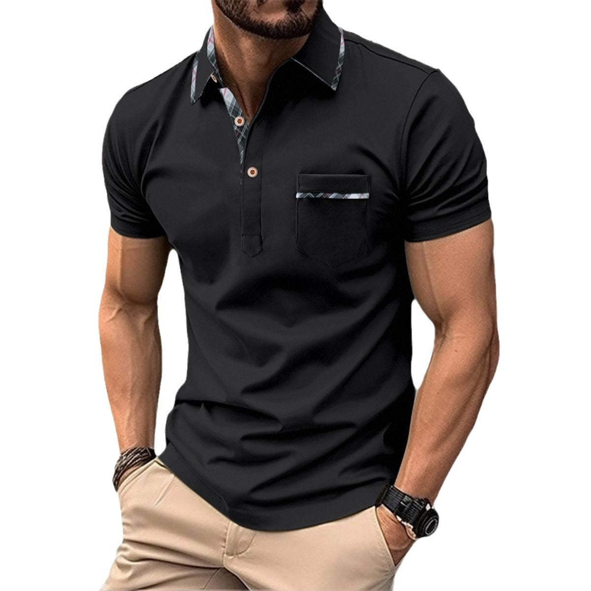 Herren Kurzarmhemd Modern mit Brusttasche und V-Ausschnitt