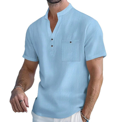 Herren Hemd Kurzarm Henley Ausschnitt mit Brusttasche Modern