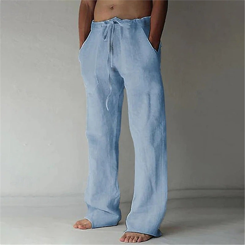 Herren Leinenhose Bequem mit Verstellbarem Bund und Seiten-Taschen