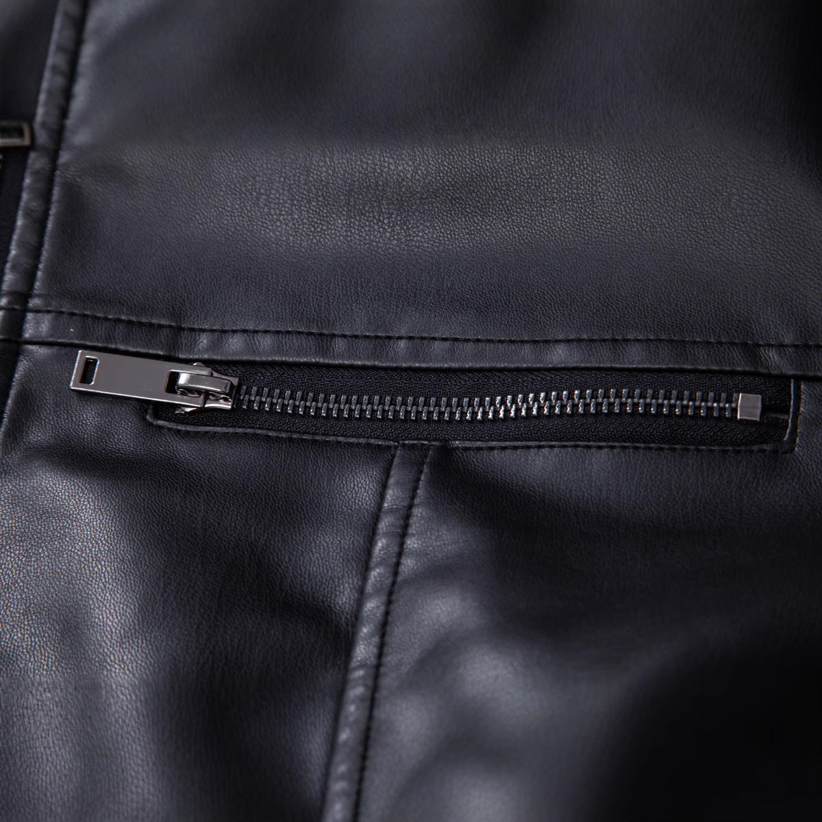 Herren Lederjacke Kunstleder Reißverschluss Taschen Schwarz