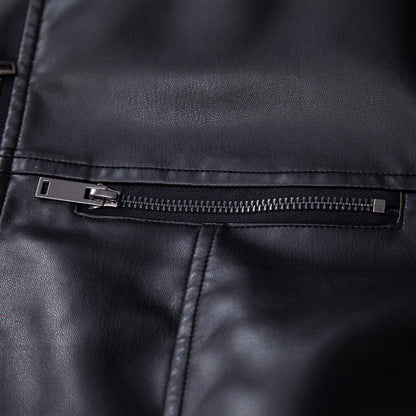 Herren Lederjacke Kunstleder Reißverschluss Taschen Schwarz