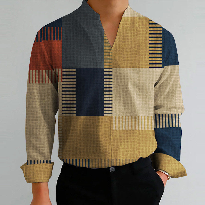 Herren Langarmhemd Modern V-Ausschnitt Streifenmuster