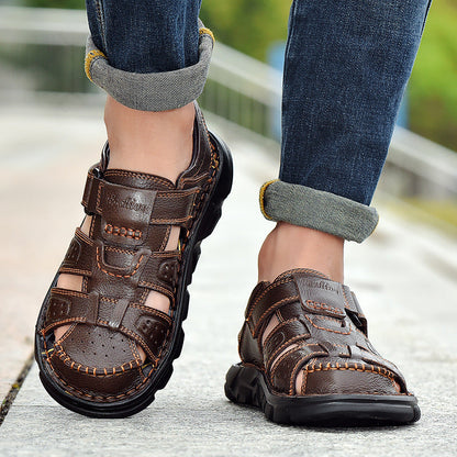 Herren Leder Sandalen Rutschfest Verstellbar Klettverschluss