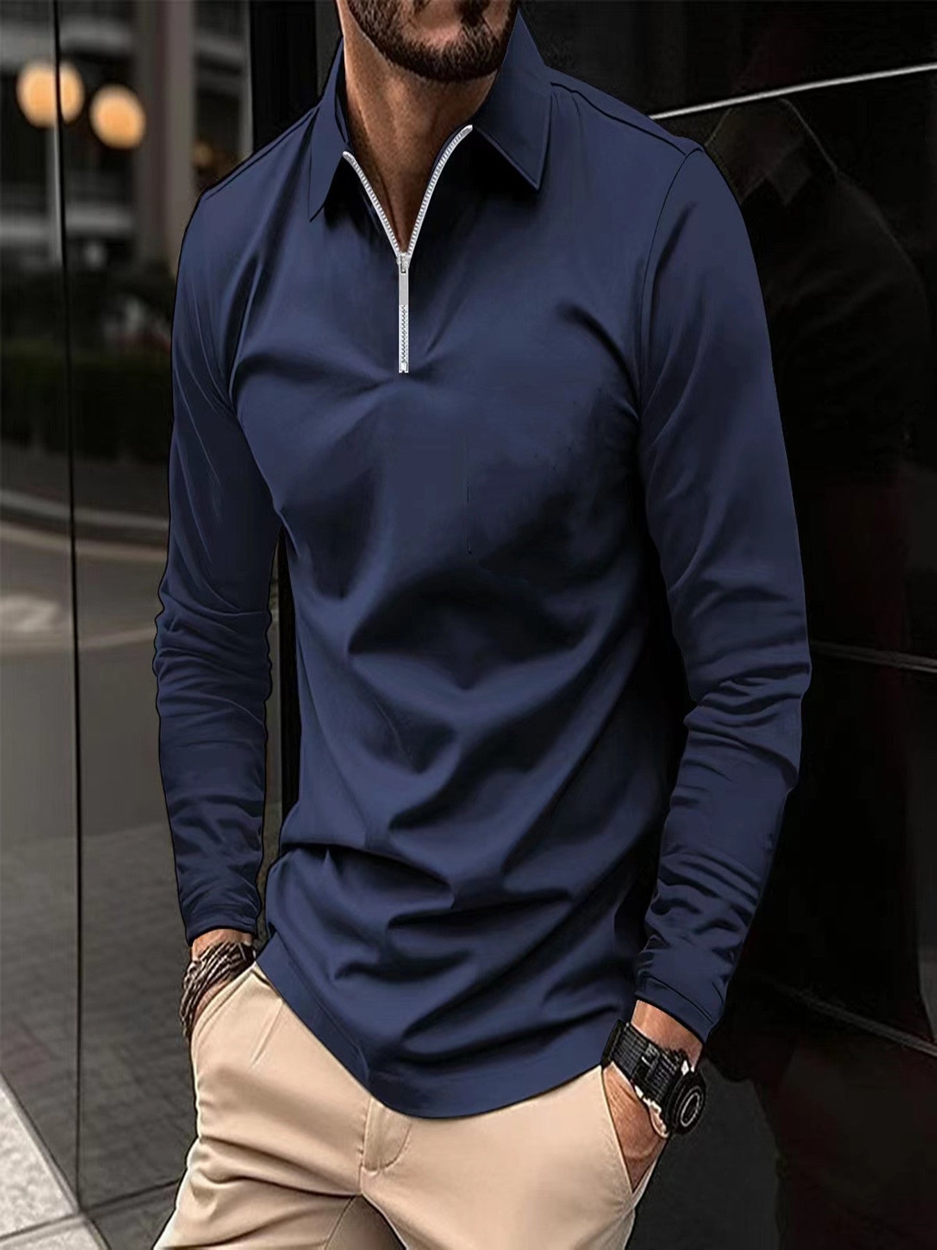 Herren Langarmshirt Modern Reißverschluss Kragen
