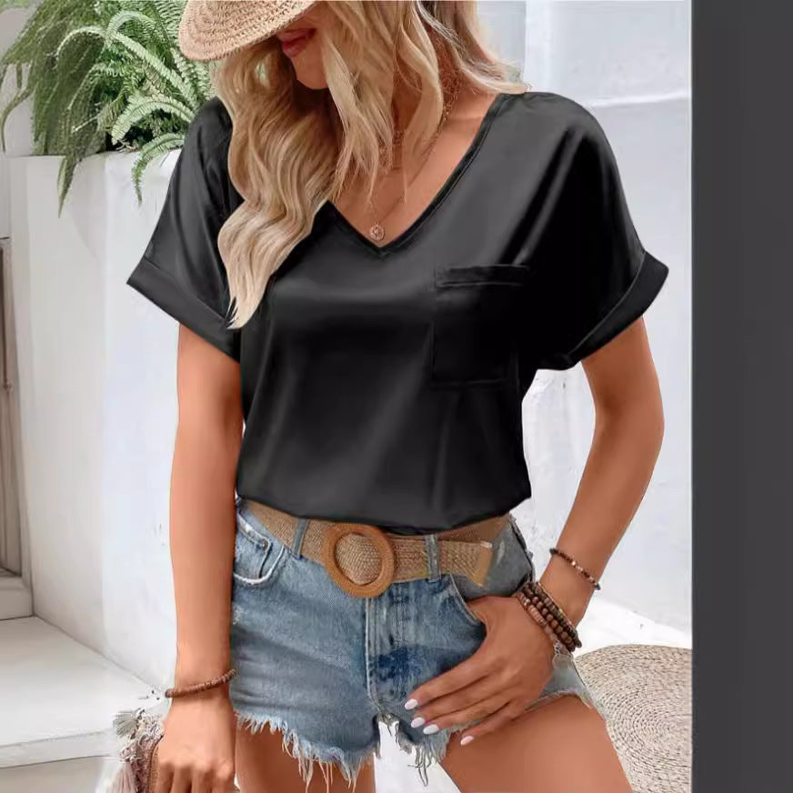 Damen T-Shirt V-Ausschnitt mit Brusttasche Lässig Elegant