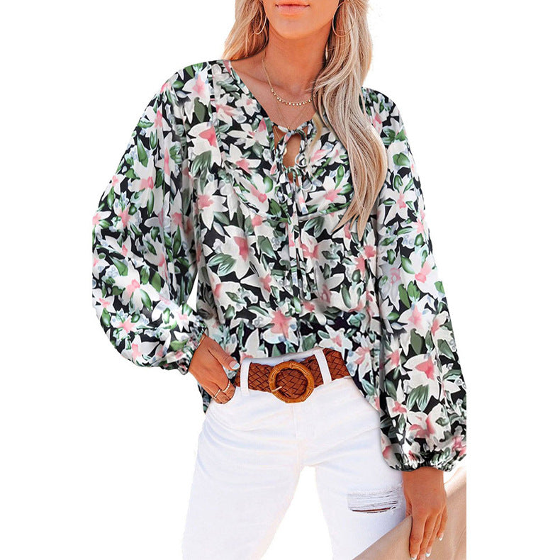 Damen Bluse mit Blumenmuster Lockere Ärmel Frauen Oberteil