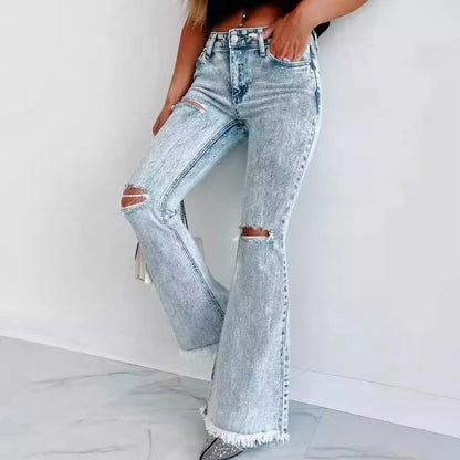 Damen Jeans Flared mit Rissen und Fransen Trendy Damenschuhe - BerlinGlamour