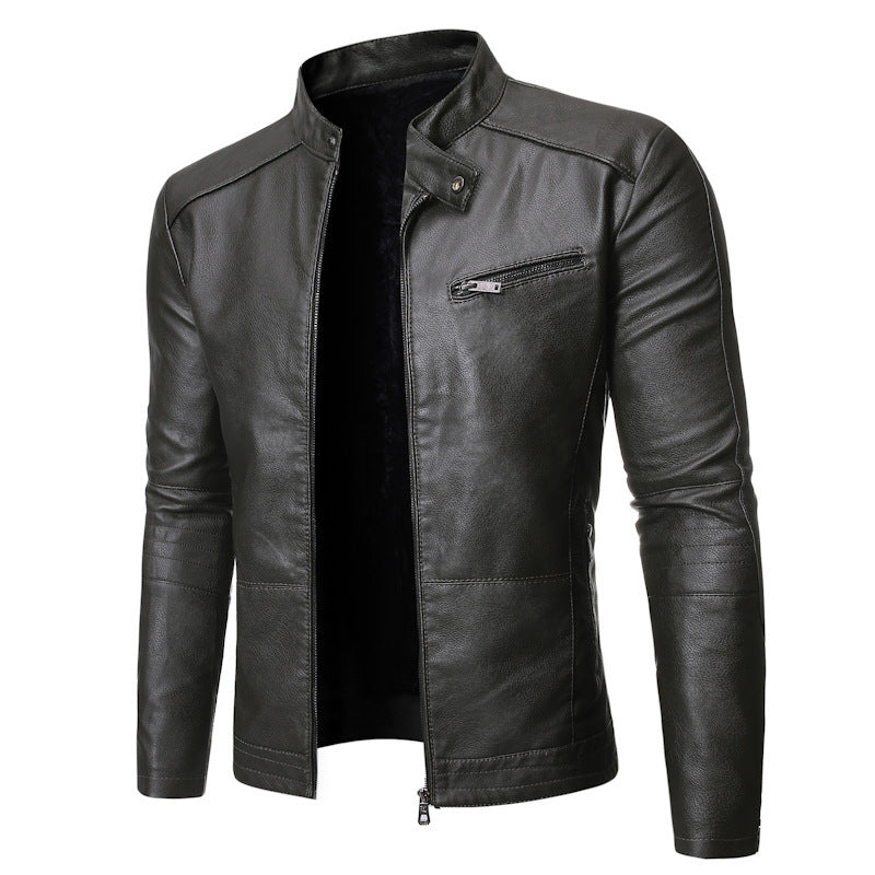 Leder Motorradjacke Herren Modern Stehkragen Elegant Schwarz