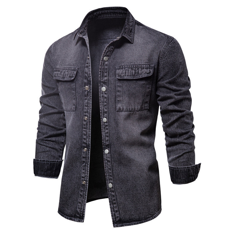 Herren Denim Hemd Lässig Doppelte Brusttaschen Casual