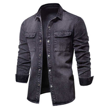 Herren Denim Hemd Lässig Doppelte Brusttaschen Casual