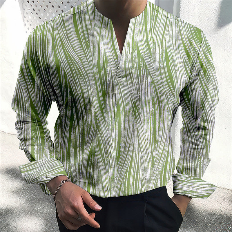 Herren Langarmhemd Modern V-Ausschnitt Streifenmuster - BerlinGlamour