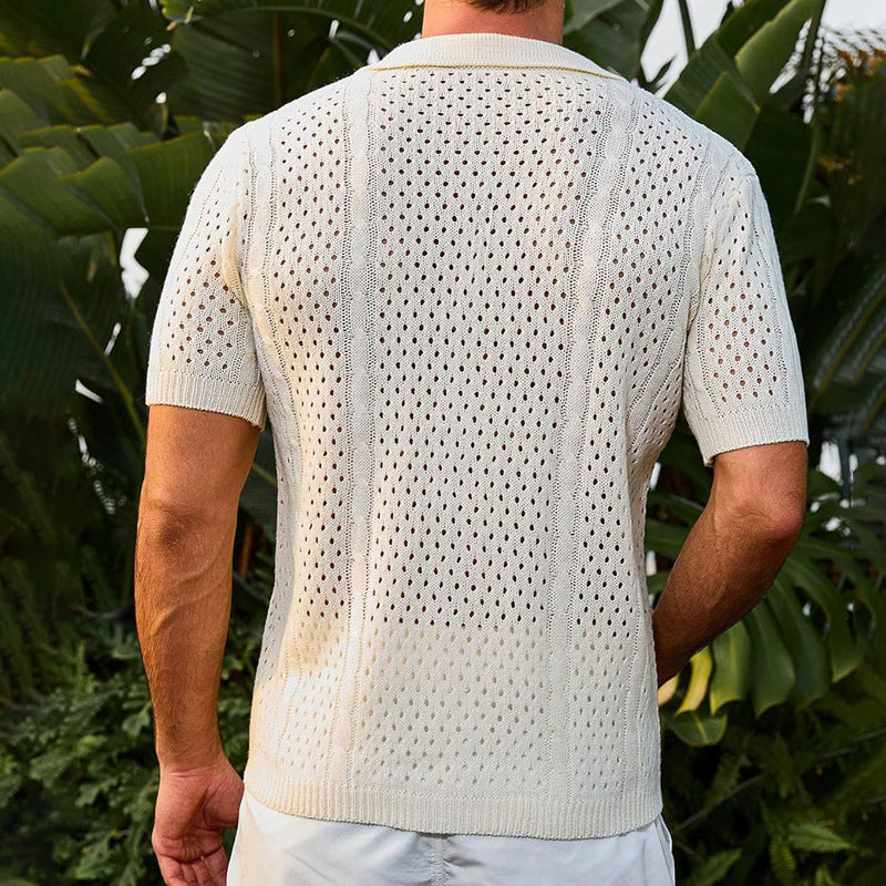 Herren Strickhemd Kurzarm Leicht Durchbrochen Modern