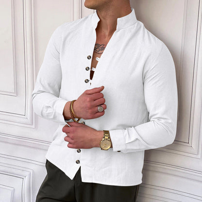 Herren Leinenhemd Modern Stehkragen Elegante Knöpfe