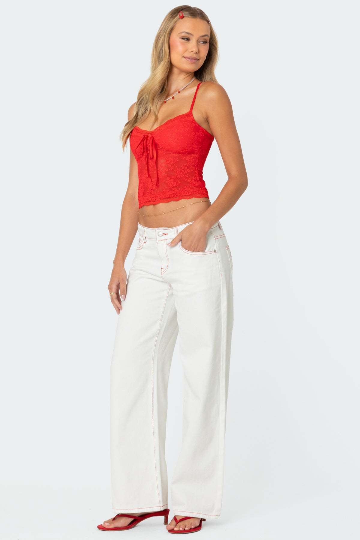 Damen Crop-Top Spitzeneinsatz mit Schleife