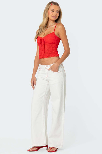 Damen Crop-Top Spitzeneinsatz mit Schleife
