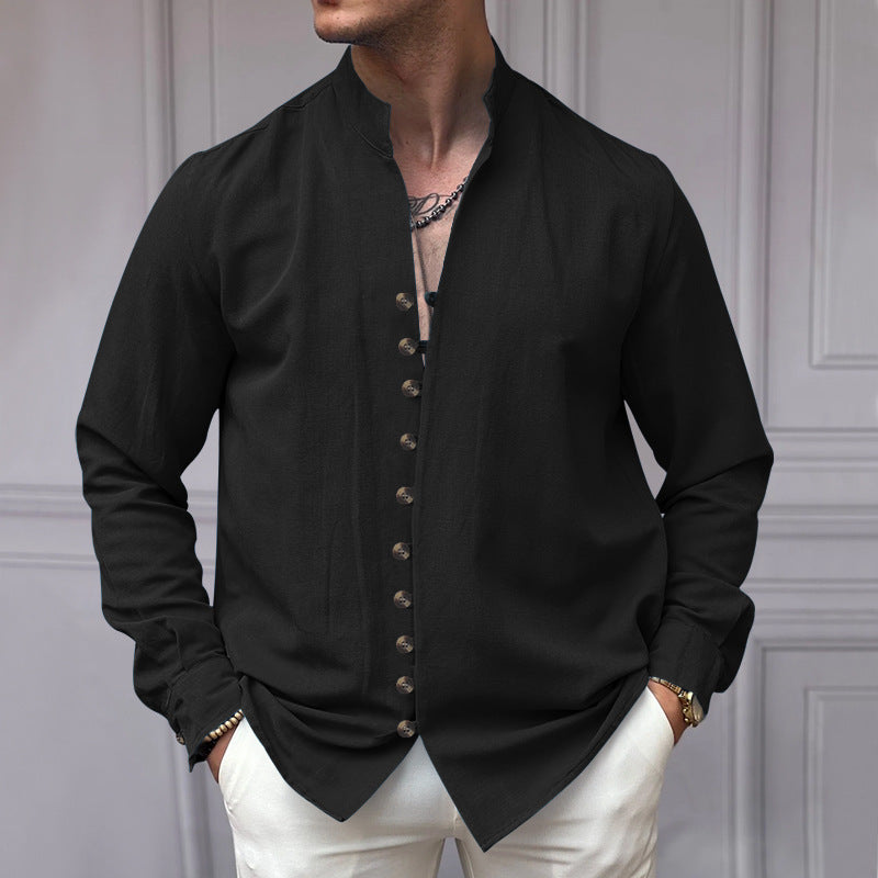 Herren Leinenhemd Modern Stehkragen Elegante Knöpfe