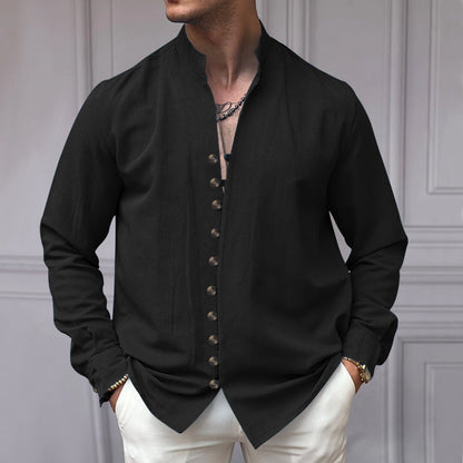 Herren Leinenhemd Modern Stehkragen Elegante Knöpfe