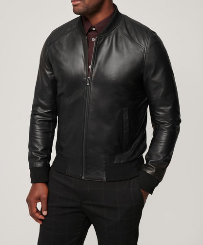 Lederjacke Herren Bikerstil Elastischer Bund Schwarz