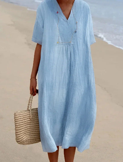 Damen Midi-Kleid Bequem V-Ausschnitt Kurzärmlig Sommerkleid