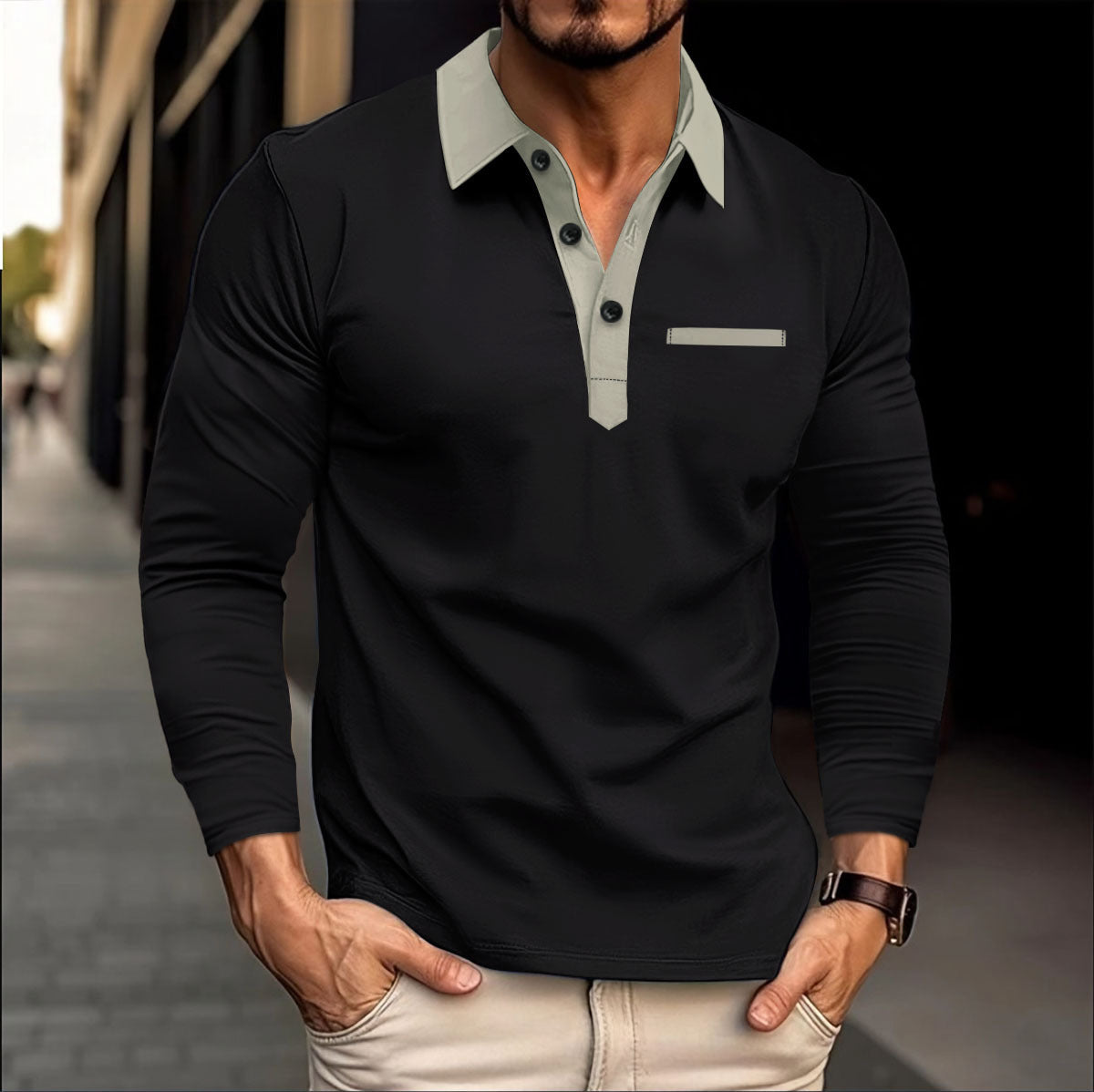 Herren Polo-Shirt Langarm Modern mit Kragen und Tasche