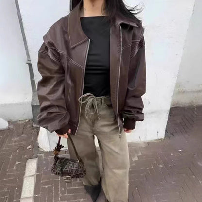 Lederjacke Damen Modern mit Reißverschluss und Taschen