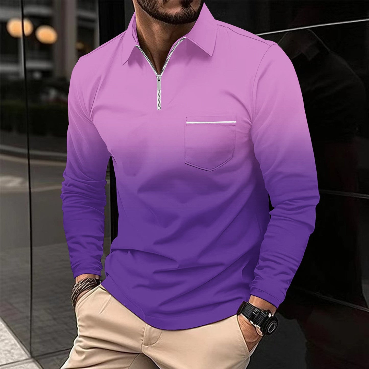 Herren Langarmshirt Modern Reißverschluss Brusttasche Praktisch