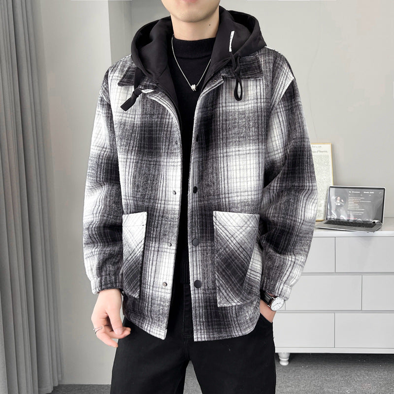 Herren Übergangsjacke Kariert Kapuze Taschen Praktisch
