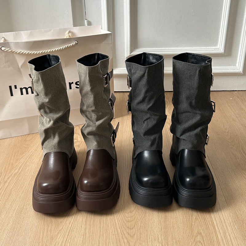 Damen Boots Schnallenverzierung Plateau Heel Stiefel Damen Mode