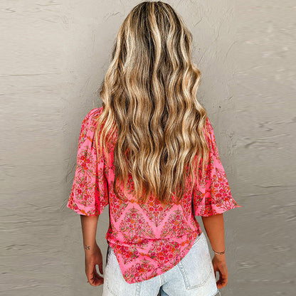 Damen Bluse Blumenmuster Locker Passform Sommer