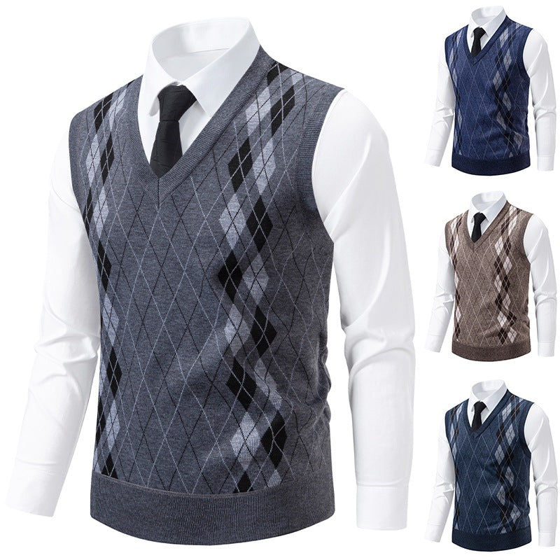 Herren Pullover V-Ausschnitt Argyle Muster Modern - BerlinGlamour