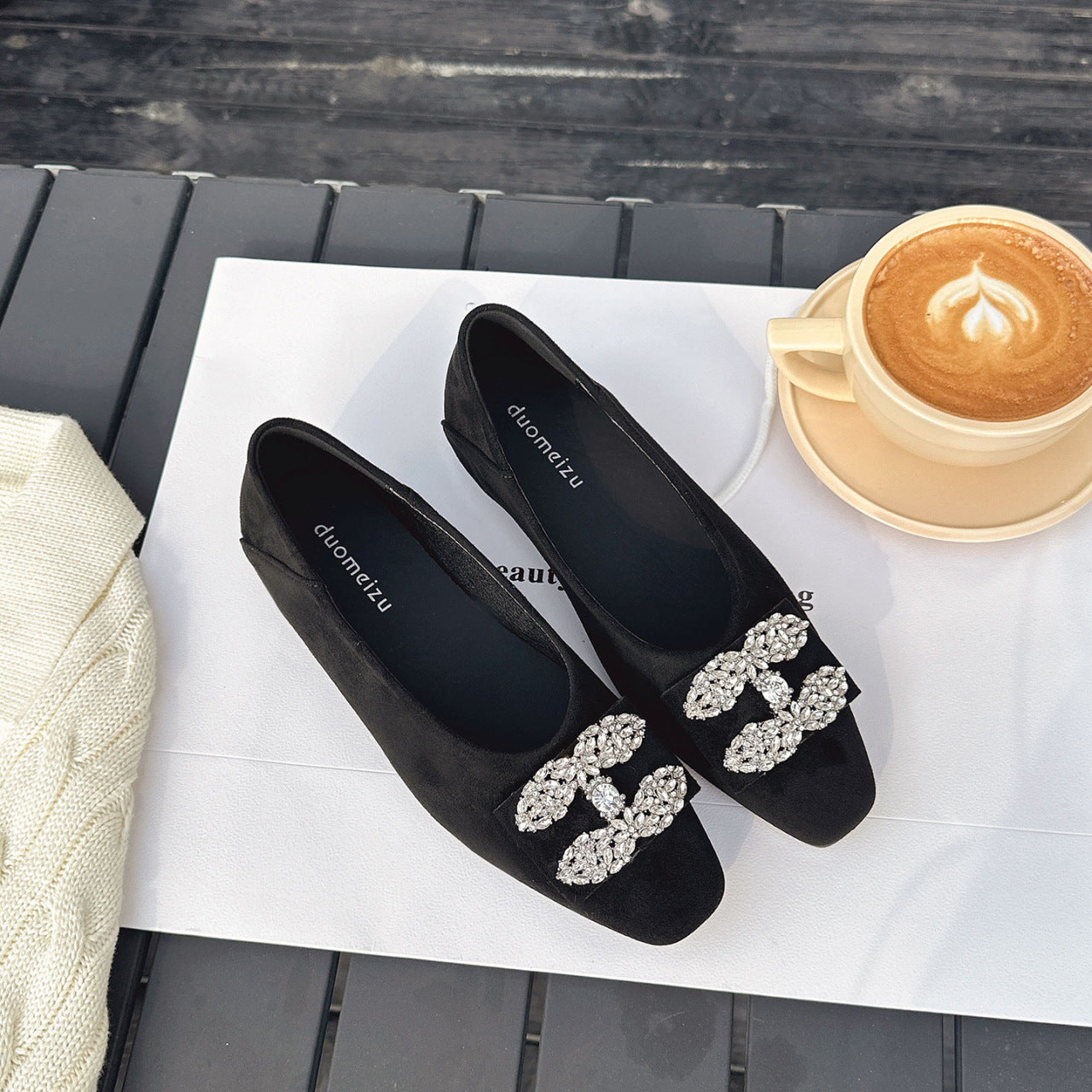 Damen Ballerinas Strass Schuhe Elegant Samt