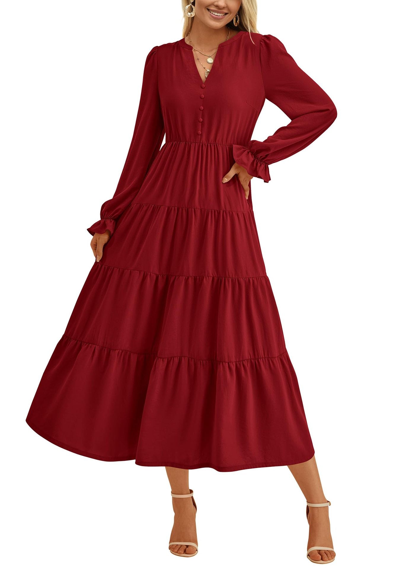 Damen Maxikleid Elegant Rüschendetails V-Ausschnitt Sommerkleid