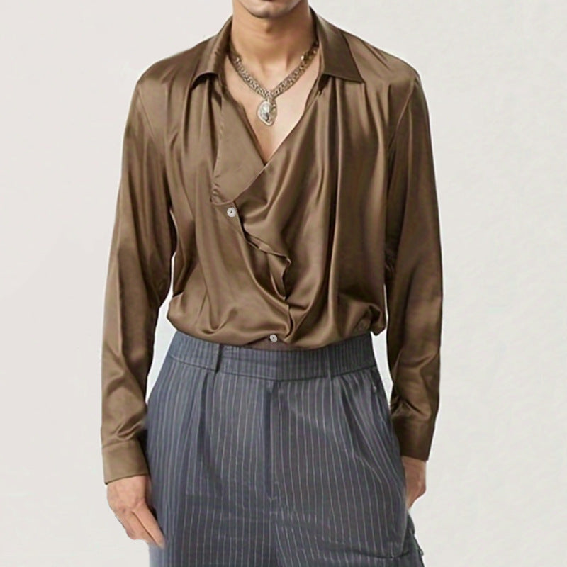 Herren Elegantes Langarmhemd mit drapierter Knopfleiste und seidigem Finish BerlinGlamour wird zu Elegantes Langarmhemd mit Knopfleiste - BerlinGlamour