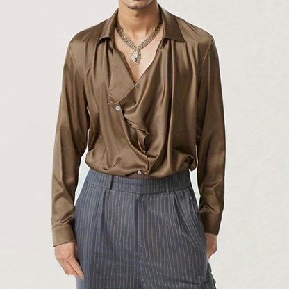 Herren Elegantes Langarmhemd mit drapierter Knopfleiste und seidigem Finish BerlinGlamour wird zu Elegantes Langarmhemd mit Knopfleiste - BerlinGlamour
