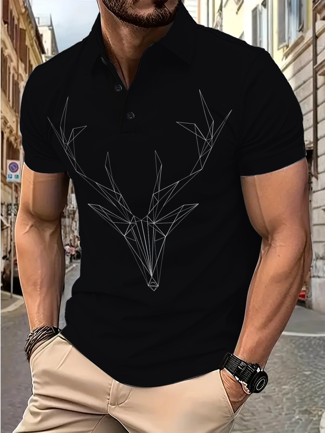 Herren Poloshirt Kurzarm Geometrisch Hirsch Motiv Modern