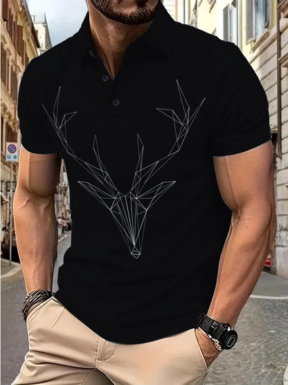 Herren Poloshirt Kurzarm Geometrisch Hirsch Motiv Modern
