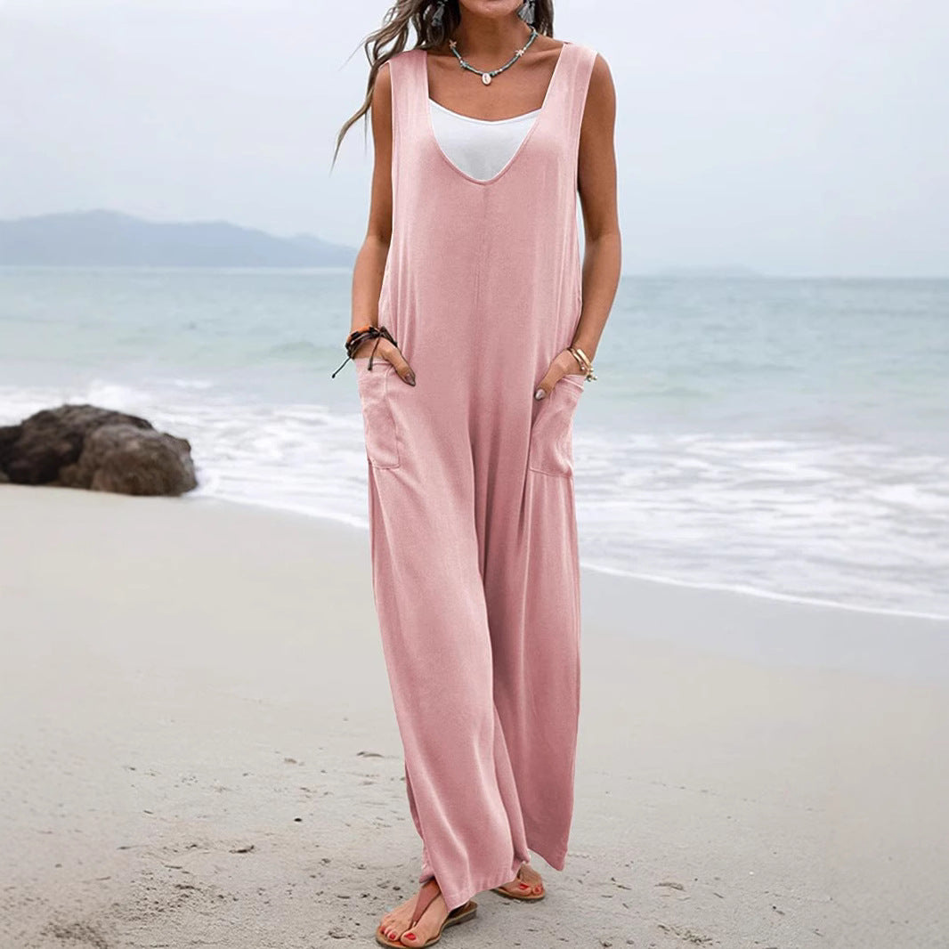 Sommer Jumpsuit Damen Weit mit Taschen und V-Ausschnitt