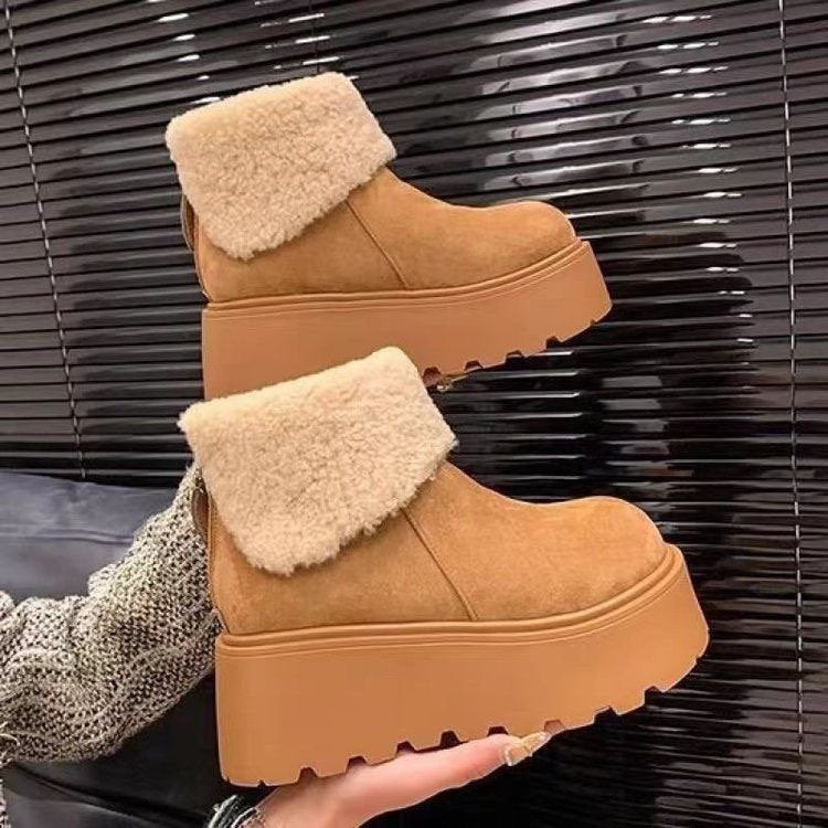 Damen Plateau Stiefel Flauschig mit Plüschkragen Winter