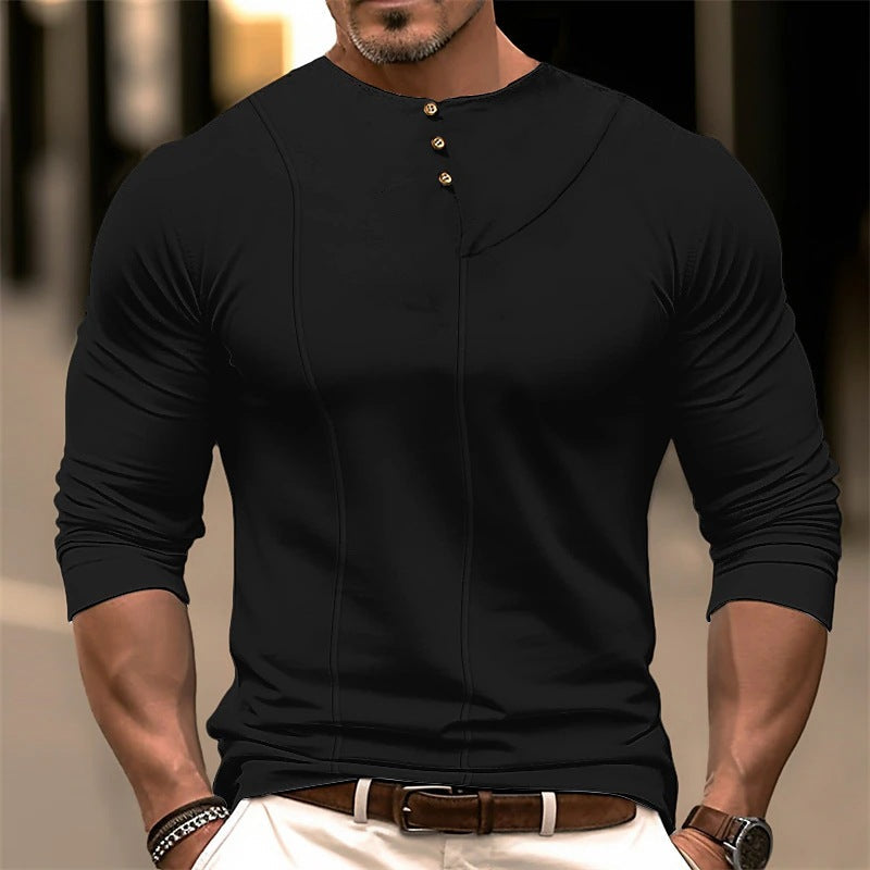 Herren Langarmshirt Modern Henley Ausschnitt Knöpfe Style