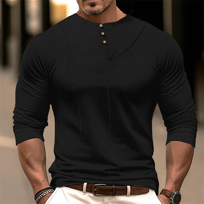 Herren Langarmshirt Modern Henley Ausschnitt Knöpfe Style
