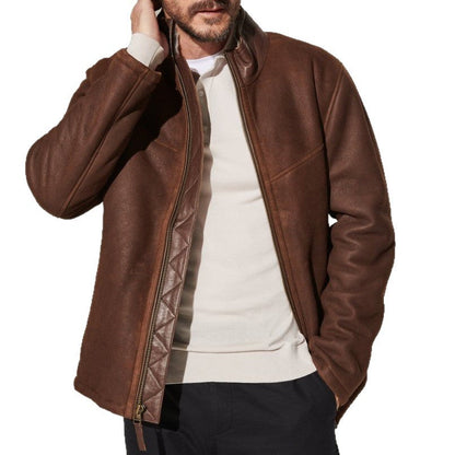 Herren Lederjacke Robust Mit Steppdetails Hocher Kragen