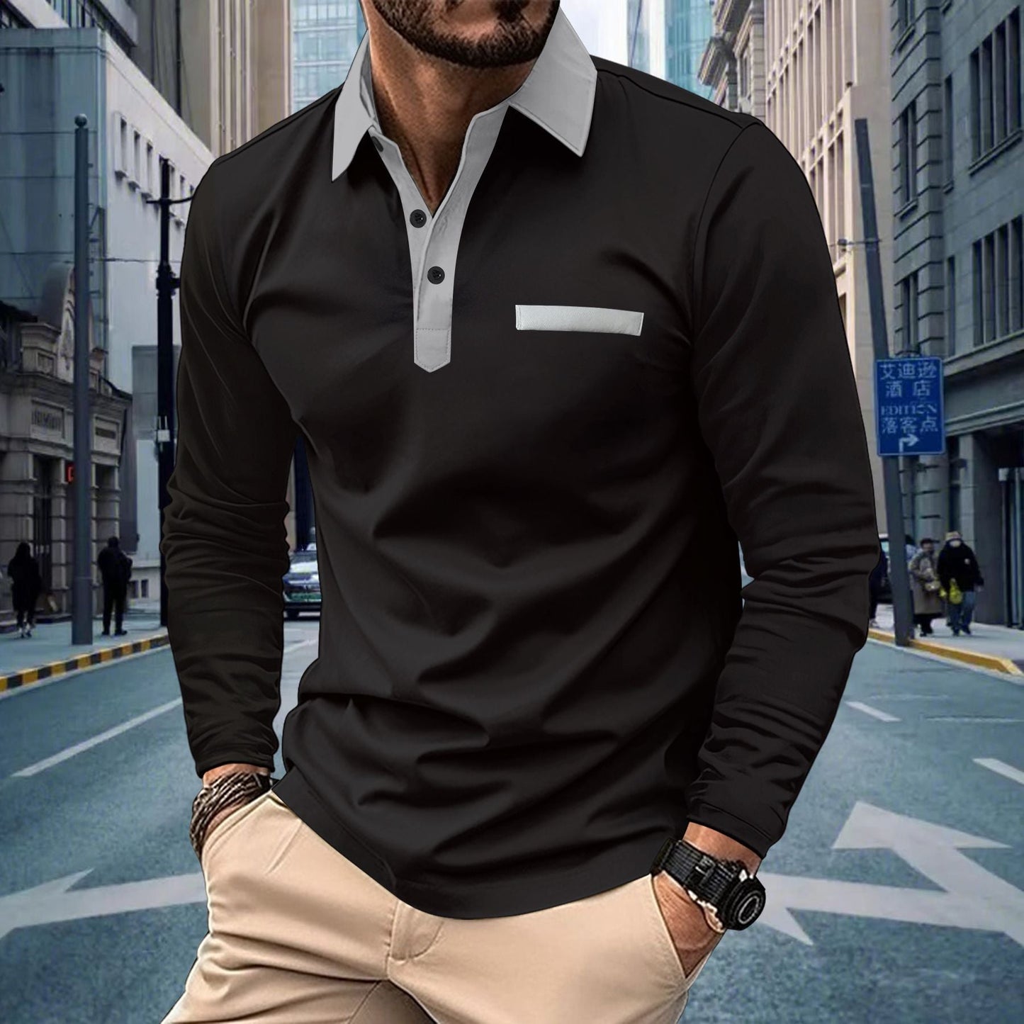 Herren Poloshirt Langarm Elegantes Design Kontrastkragen