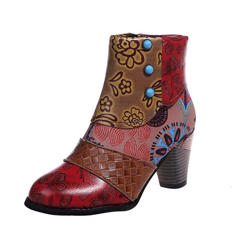 Damen Stiefeletten Elegante Floral Schuhe mit Knöpfen