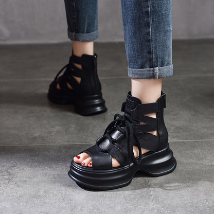 Damen Plateau Sandalen Höhle Leder Schnürsystem Modern